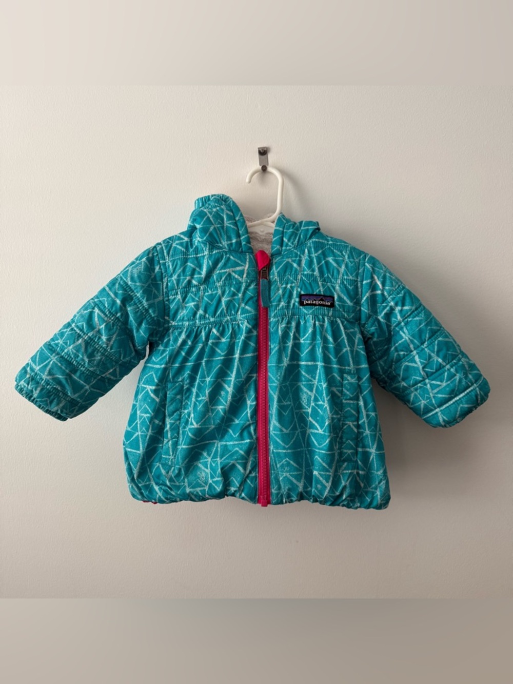 Patagonia Jacket Girls 2T Reversible Puffer Hoodie Sherpa Full Zip Blue Pink